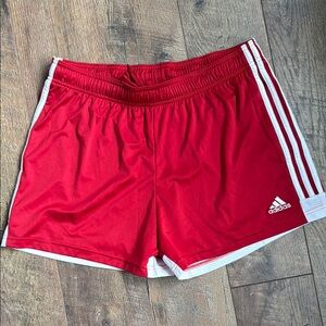Adidas Red and White Athletic Shorts with Signature Stripes